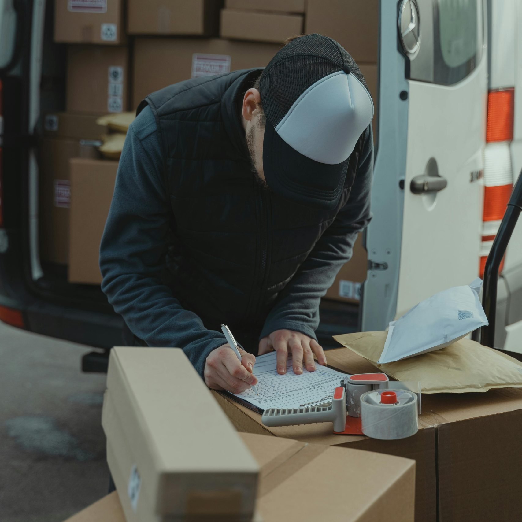 Courier organizing packages from a van, preparing for delivery in a logistics setting.